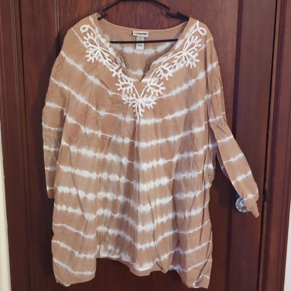 Catherine's Beige & White Bohemian Blouse Size 2X